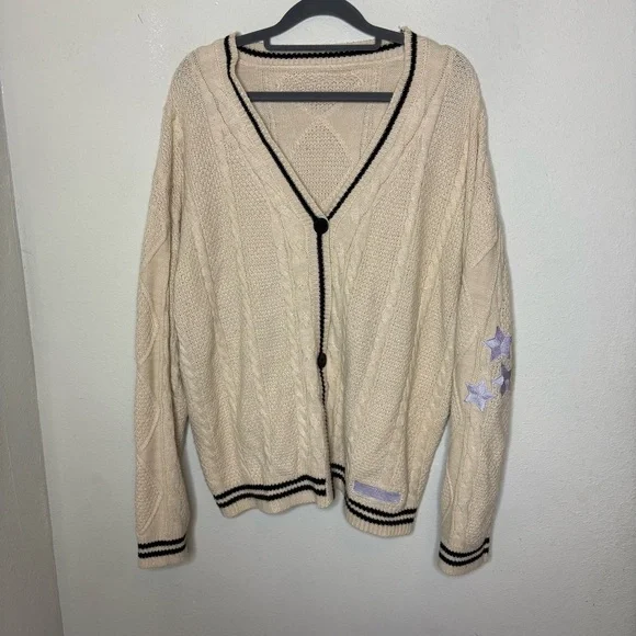 Folklore Inspired Cream Cable Knit V-Neck Cardigan with Black Trim