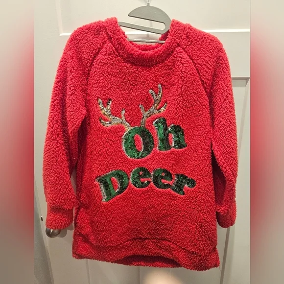 Joyland Women’s Small Red Sherpa Pullover “Oh Deer” Christmas Sweater Sequin Hol
