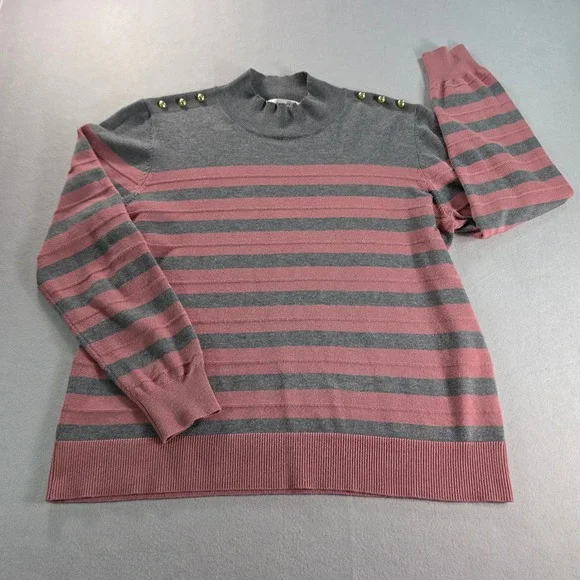 Retrology Womens Grey Pink Striped Mock Neck Sweater Gold Shoulder Button Large