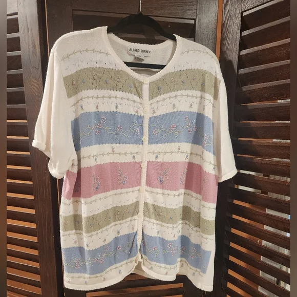 Alfred Dunner Women's Floral Striped Button Down Shirt - Pink, Blue, Green 2BB