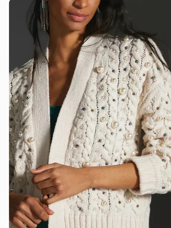 Chelsea & Theodore Pearl-Embellished Cream Cable Knit Cardigan Size Medium