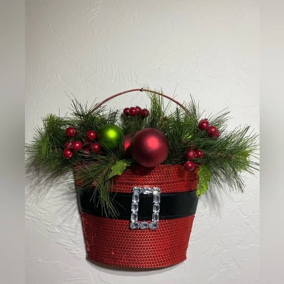 Santa Belt Wall Hanging Centerpiece Decoration Greenery Bulbs