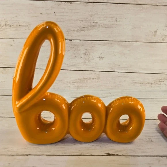 Orange Ceramic Boo Balloon Sign Halloween Tabletop Decor Glossy 6.5 Inch