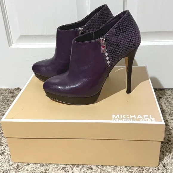 Michael Kors Purple Leather Snakeskin Platform Ankle Booties Heels Womens 7.5M