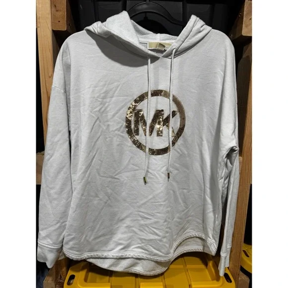 Michael Kors Womens White Hoodie Gold Sequin MK Logo Sweatshirt Large