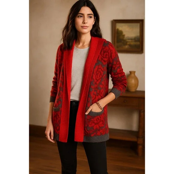 Anthropologie‎ Sparrow Maraschino Red Floral Hooded Sweater Size M
