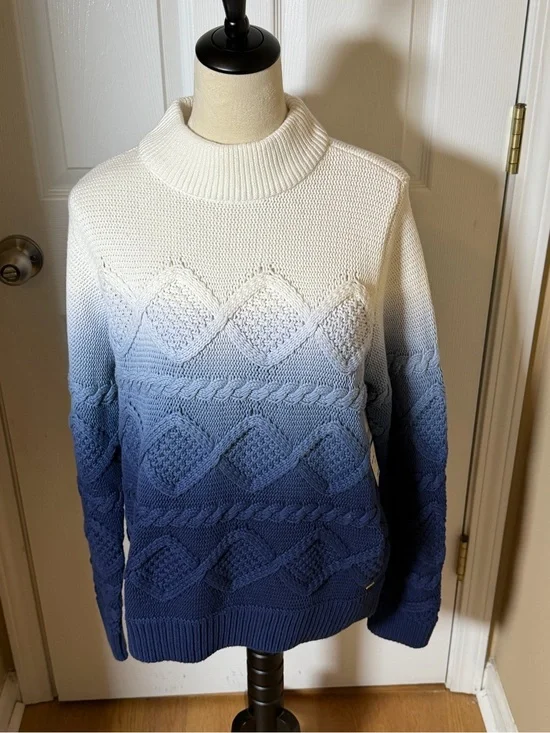 Tommy Hilfiger Blue and White Ombre Cable Turtleneck Sweater NWT Vintage XL