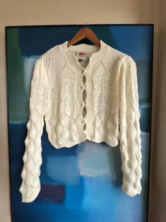 FARM RIO Off-White Mixed Lace Stitch Cardigan