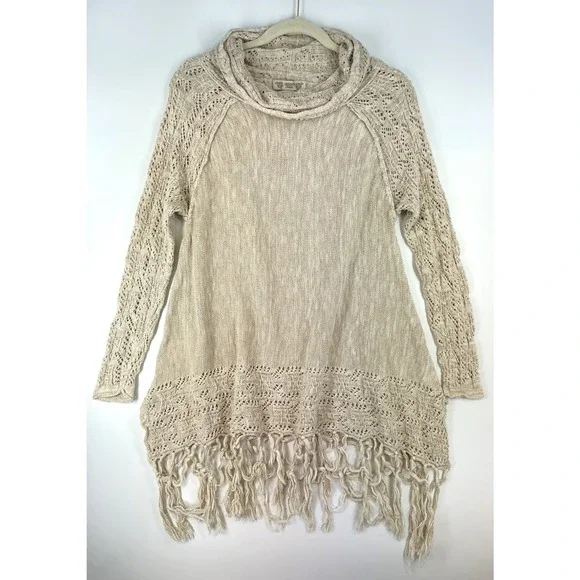 Vintage America Blues‎ Women's M Beige Hooded Tunic Sweater Fringe Festival Boho