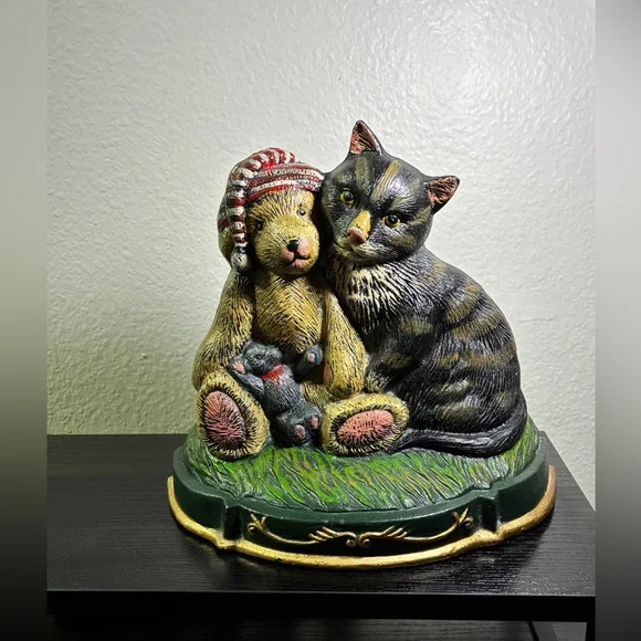 Vtg Heavy Cast Iron X-mas Bear & Cat Door Stopper Home Decor Teddy Night Metal