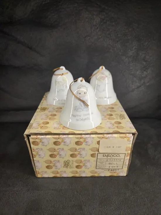 Vintage Precious Moments 1985 Christmas Miniature Bell Ornament Set of 3 Boxed