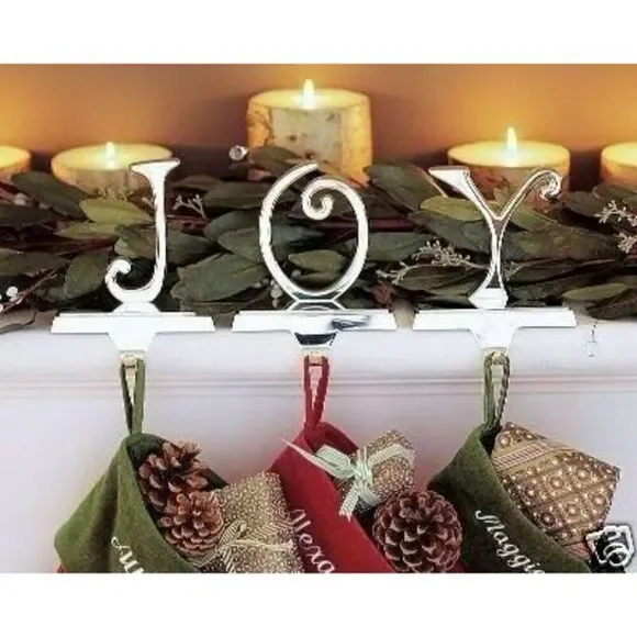 Pottery Barn Christmas Stocking Holders JOY Spell Out Silver
