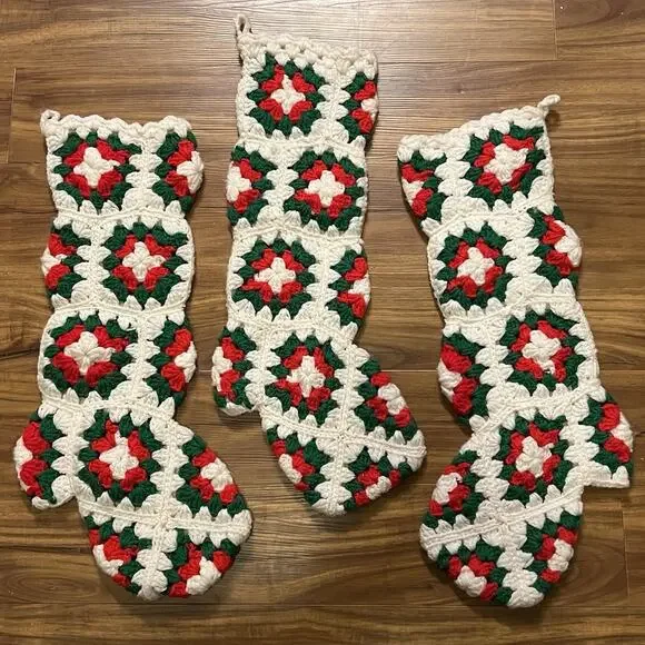 Vintage Lot of 3 Crochet Granny Square Christmas Stockings Red Green White Heels