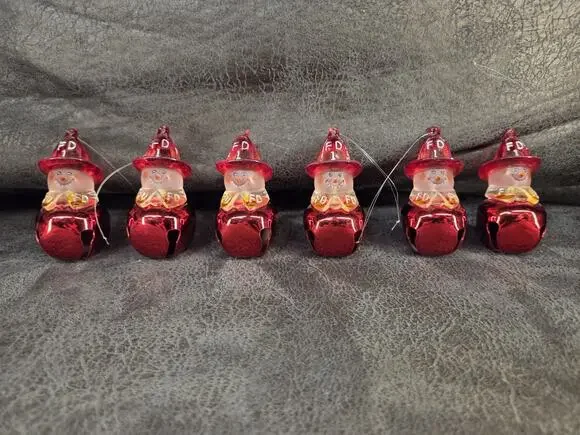 Lot of 6 Vintage Firefighter Snowman Jingle Bell Ornaments Red Metal FD 1...