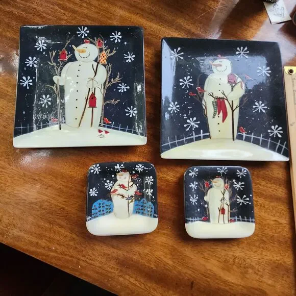 Twilight Snowman Mary Beth Baxter Holiday 4 Plates  2 Dinner & 2 Appetizers