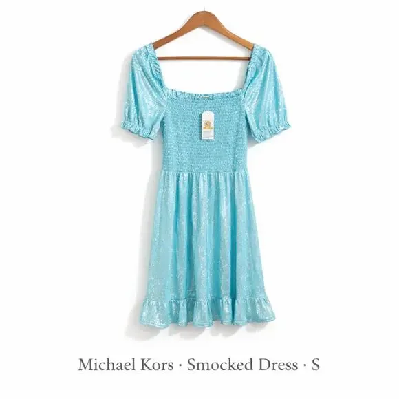 Michael Kors Smocked Dress Small Turquoise Metallic Foil Puff Sleeve NWT