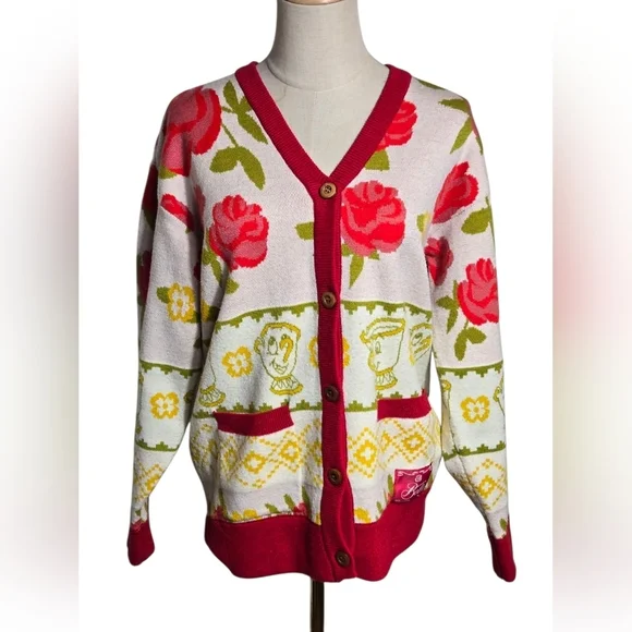 Disney Beauty And The Beast Red and Green Floral Cardigan