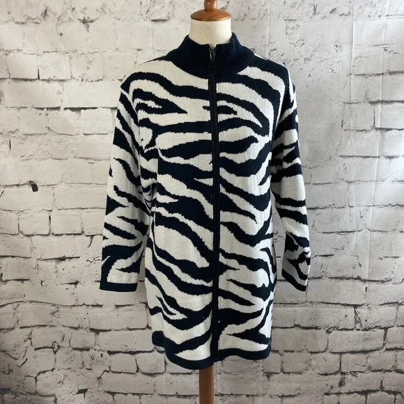 Diane Von Furstenberg Sweater Medium Zebra Animal Zip Mid Length Cardigan vtg