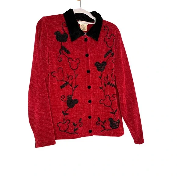 Vintage The Disney Store red Mickey Mouse floral embroidered cardigan sweater