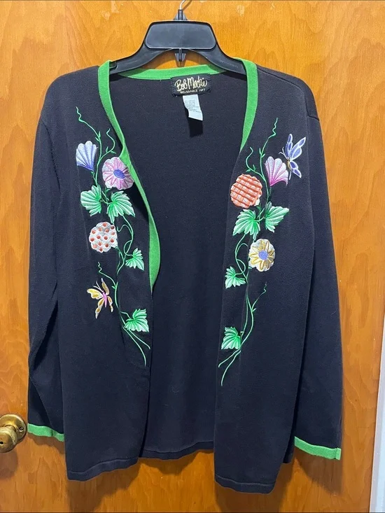 Bob Mackie Black Embroidered Open-Front Sweater with Green Trim