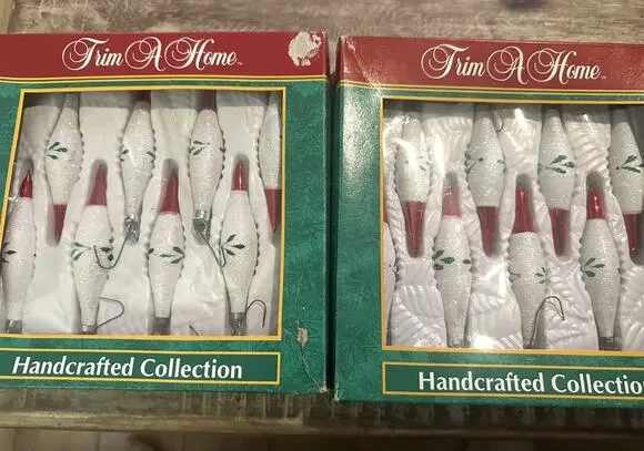 2-VTG Trim A Home Kmart Tear Drop Red White Green Glitter Glass Ornament Xmas