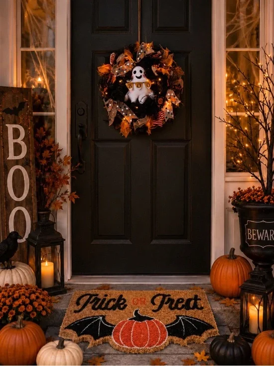 Trick or Treat Halloween Doormat & Wreath Bundle
