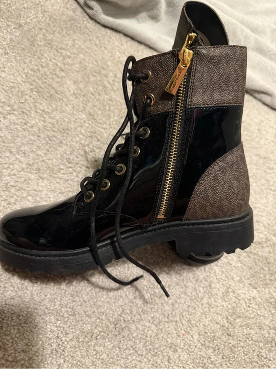 Michael Kors Black Patent Combat Boot with Brown Monogram and Gold Zip