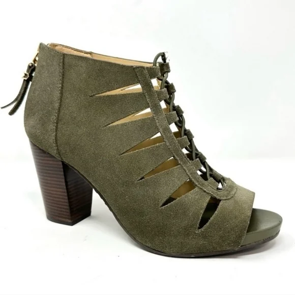 Michael Kors Elsie Cutout Suede Open Toe Booties Olive Green Women's Size 9M NEW