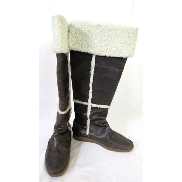 Michael Kors Boots Womens 9M Tall Sheep Fur Lined Leather Brown Winter