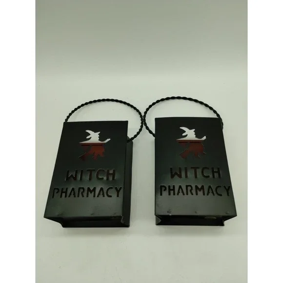 Set Of 2 Black Metal Witch Pharmacy Halloween Votive Candle Holders 4.5