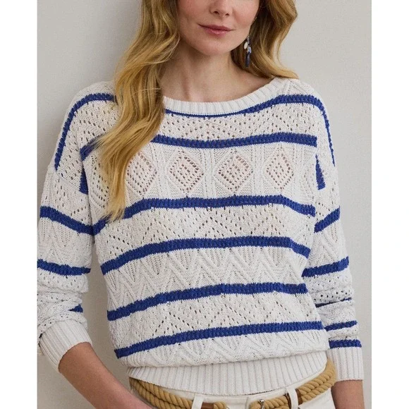 Lauren Ralph Lauren Striped Pointelle Sweater Large Blue White Cotton Blend