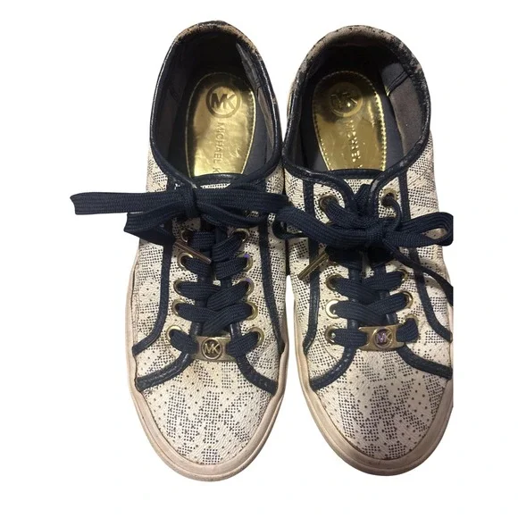 Michael Kors Womens Navy White Monogram Lace Up Sneakers Gold Hardware Size 6M