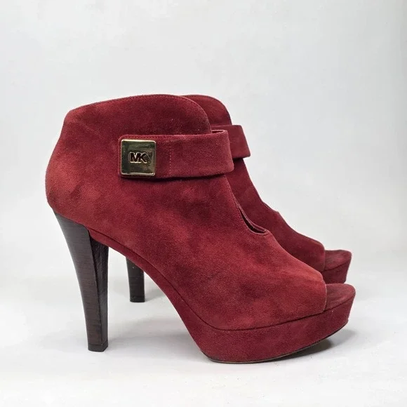 Michael Kors Devenport Bootie Womens Size 9.5 Burgundy Suede Shoes Heels Sandals