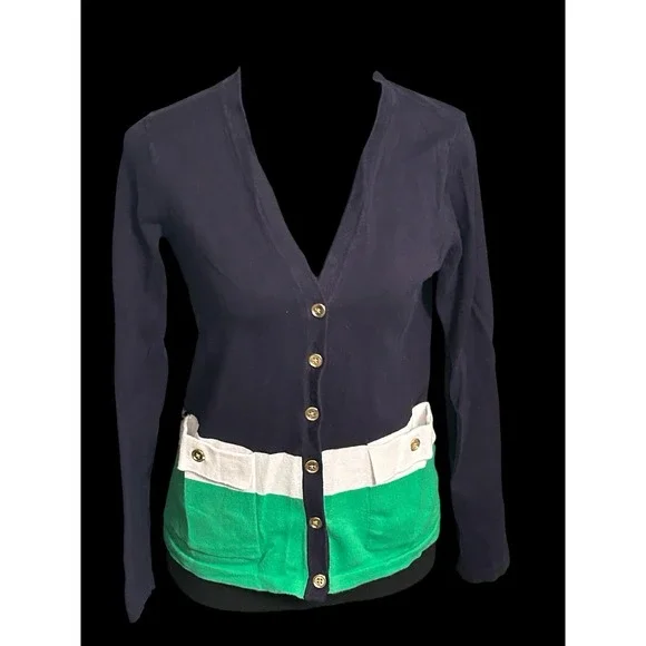 Jones New York Signature Petite PP Navy‎ Open-Front Buttons Striped Cardigan
