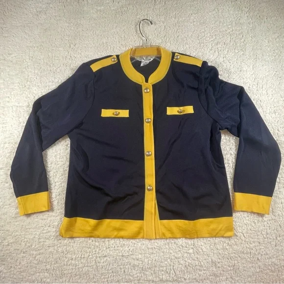 Exclusively Misook Navy & Yellow Knit Button Down Jacket - Size XL