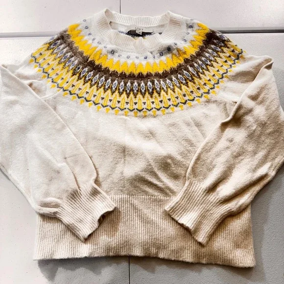 LOFT Cream Yellow Fair Isle Crew Neck Pullover Sweater Size S Cozy‎ Warm