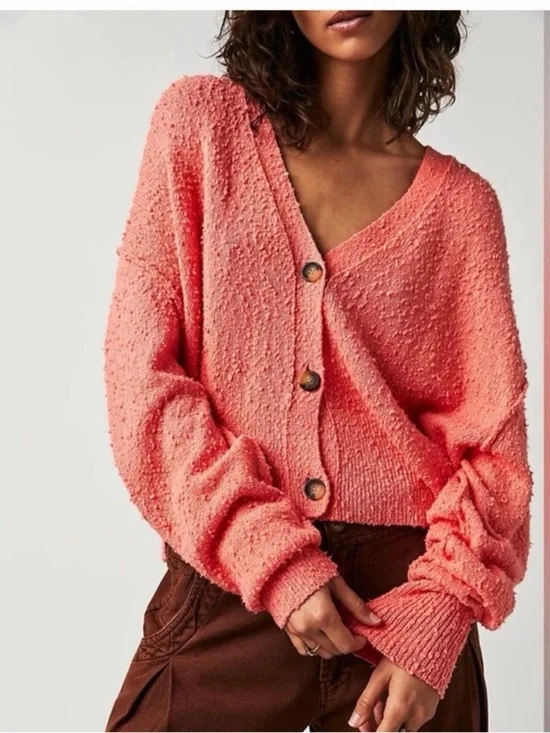 Free People Found My Friend Cardigan Coral Boucle Size Small EUC