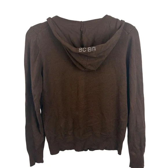 Y2K BCBGMAXAZRIA Brown Knit Full Zip Hoodie Rhinestone Logo Sweater Sz Medium