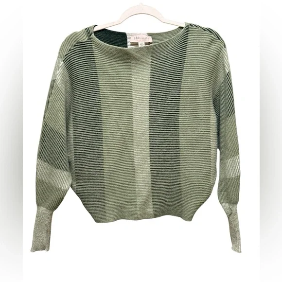 Philosophy Green Striped Drop Batwing Shoulder Viscose Sweater‎ Textured Sz M