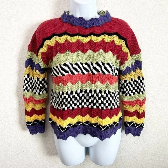Handmade Afghan Knit Chevron Multicolor Stripe Grandma Sweater XS Unique Wacky