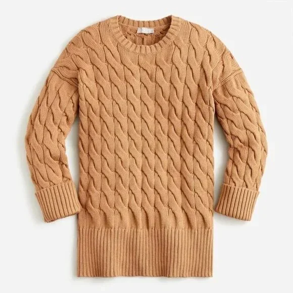 J. Crew Cotton Cable-knit Side-slit Crewneck Sweater Size XS Small Brown Cozy