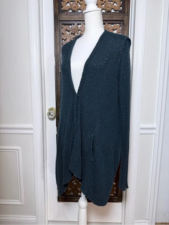 Free People Oversized Knit Cardigan Teal Green Blue Asymmetrical Hem Pockets S