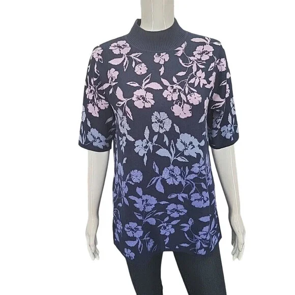 Isaac Mizrahi Live Mock Neck Jacquard Sweater Pullover Medium Size Navy Floral