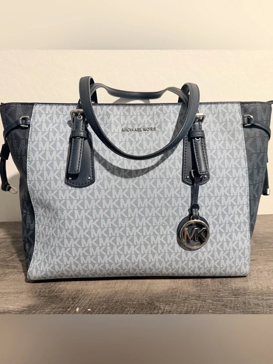 Michael Kors Light Blue MK Logo Tote with Navy Trim