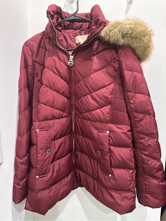 Michael Kors Wine-Red Quilted Puffer Jacket with Removable Fur-Trim Hood