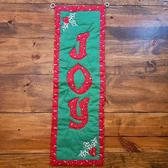 VTG Handmade Quilted JOY Christmas Wall Hanging Holly Holiday Fabric Banner