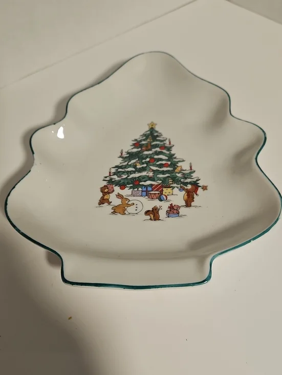 Festive Tree-Shaped Holiday Serving Dish - White with Green Trim
