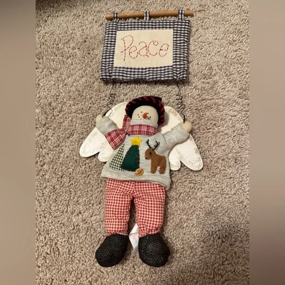 Russ | Vintage Holiday Snowman Wall Hanging with Peace Sign | Folk Cottagecore