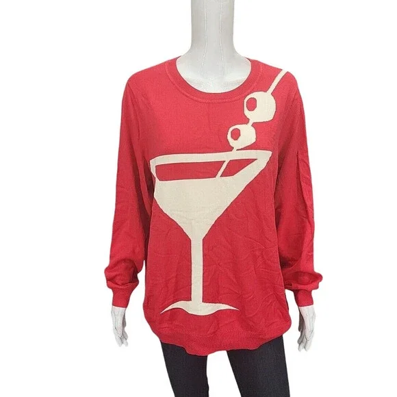Studio Park Alberti Popaj Women Martini Print Pullover Sweater 1X Plus Size Red