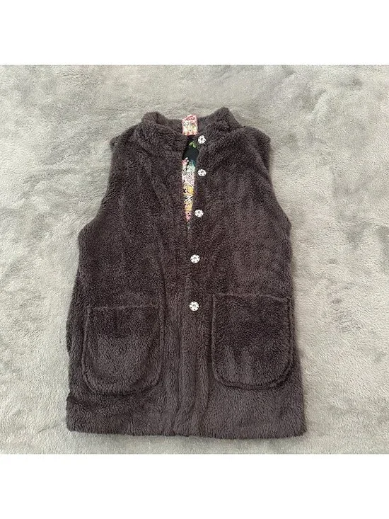 Johnny Was Gray Fuzzy Vest Snap Buttons Womens XS Reversible Floral